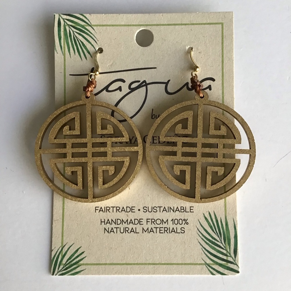NEW Medallion Earrings Asian-Style Matte Gold Open Work Tagua Nut Lightweight - Picture 7 of 15